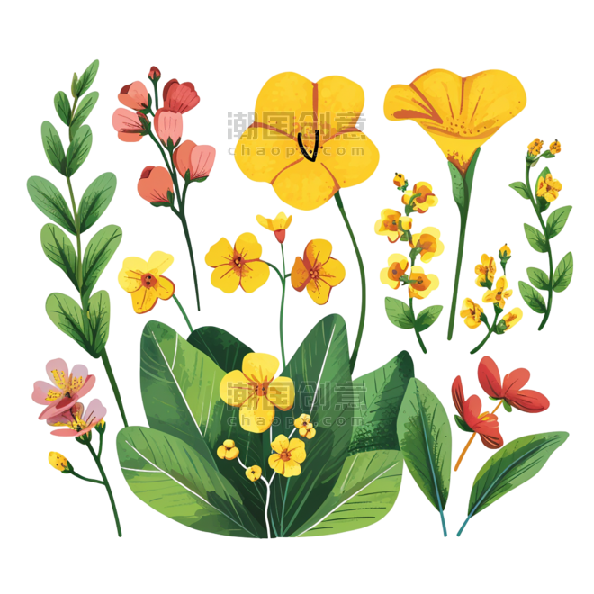 创意免抠春天春季花朵黄色红色喇叭花元素