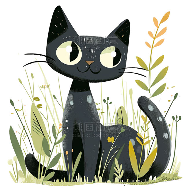 创意可爱扁平黑色小猫春天绿植卡通手绘元素