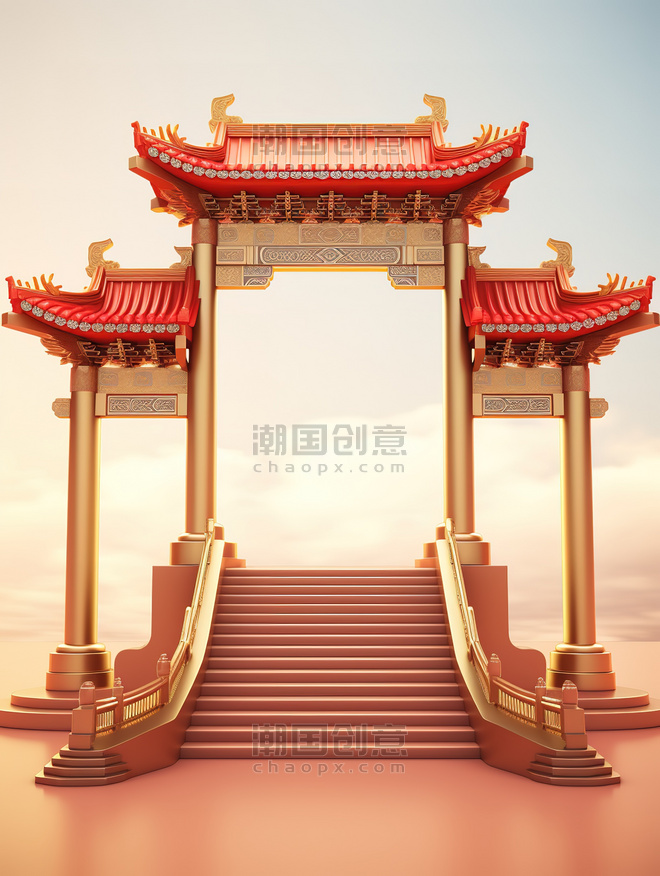 创意美丽的拱门古建筑背景国潮中国风大门春节年货节