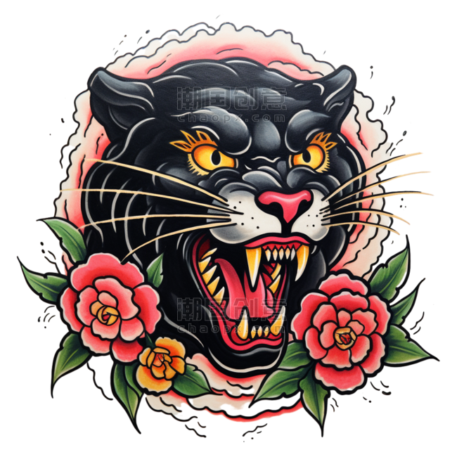 创意绘画粗犷黑豹花朵徽章元素立体免抠图案
