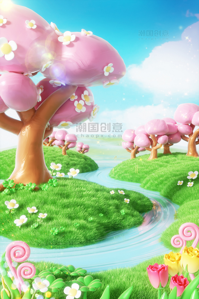 春季春天小清新3D立体绿色草地花朵植物粉色大树河流场景