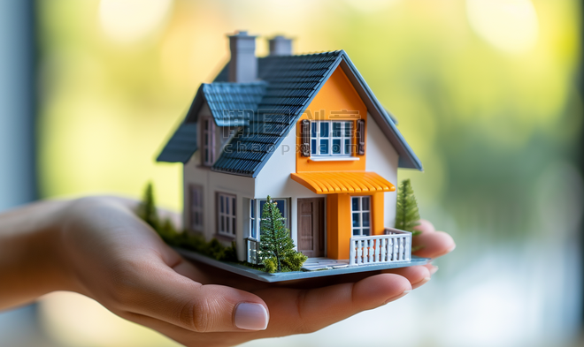 创意贷款房产在手里托住房子资产贷款房贷模型特写
