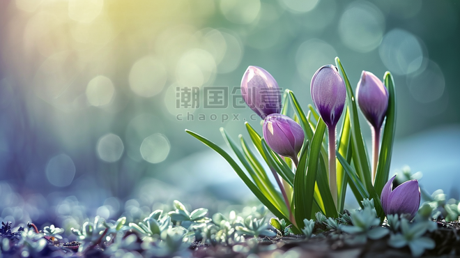 创意春天阳光下户外草坪上美丽花朵紫色郁金香开放背景4