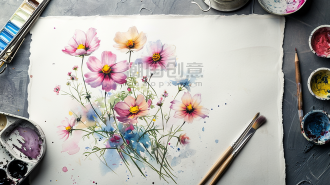 创意简约水彩颜色植物花卉春天花朵画画培训