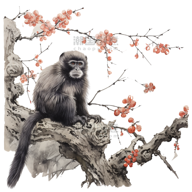 创意中国风水墨国画猴子元素