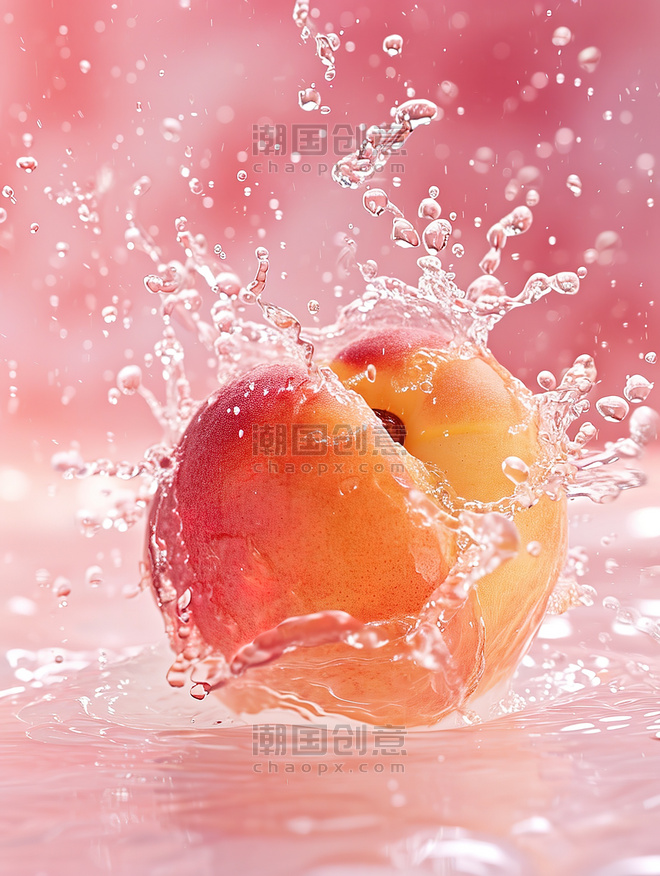 创意粉色水果生鲜桃子水花飞溅摄影照片