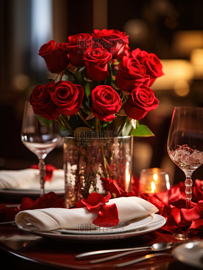 创意情人节餐厅布置玫瑰花浪漫约会背景