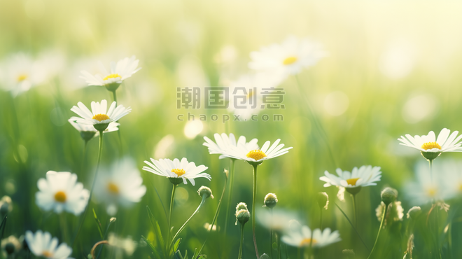 创意春天阳关下草坪上小白花盛开的背景11