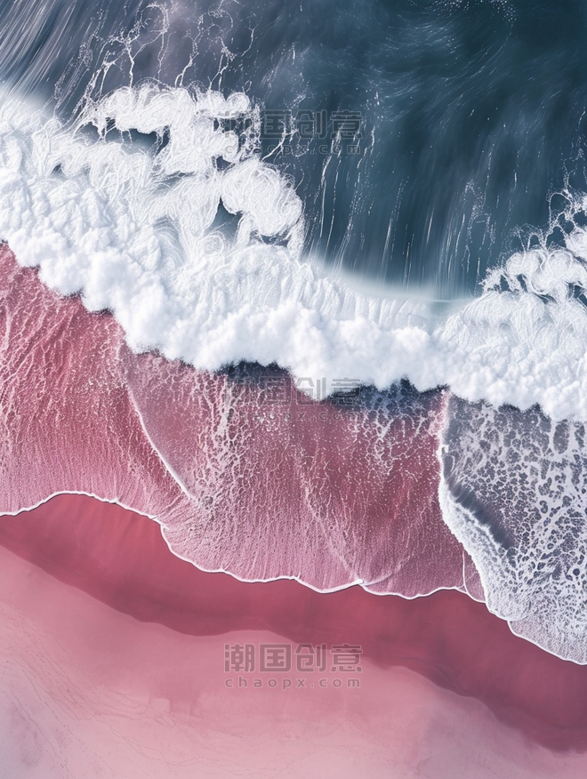 创意粉色沙滩旅游航拍俯视大海沙滩浪花的场景图