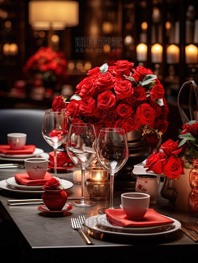 创意情人节餐厅布置玫瑰花浪漫背景