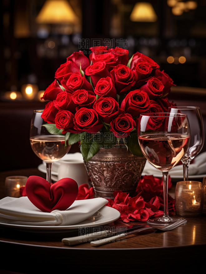 创意情人节约会餐厅布置玫瑰花浪漫背景素材