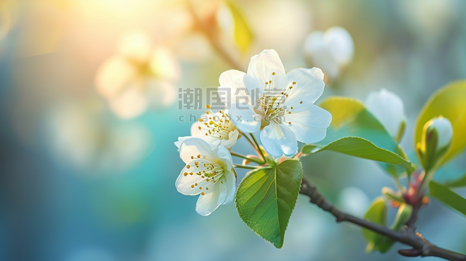 创意春天阳光下树枝枝头开花的桃花梅花背景图1