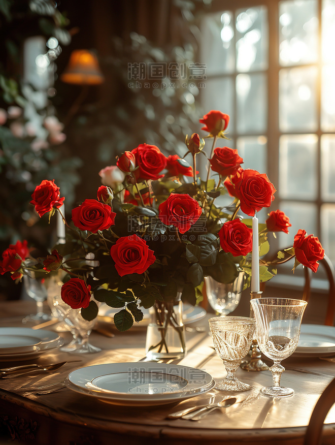 创意浪漫情人节桌子上摆满玫瑰约会