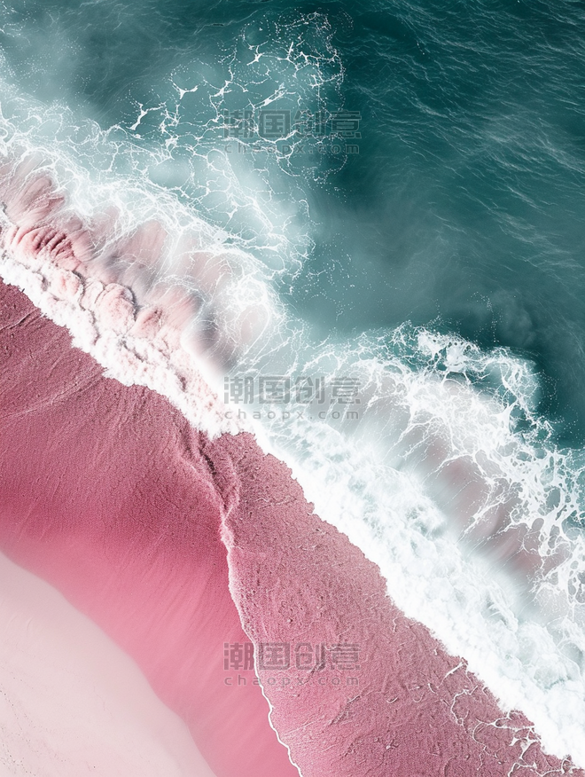 创意航拍俯视大海沙滩浪花的场景图粉色沙滩旅