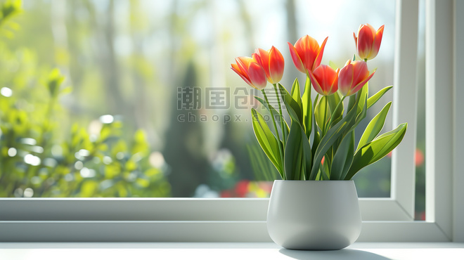 创意清新文艺白色窗台春天郁金香盆栽素材