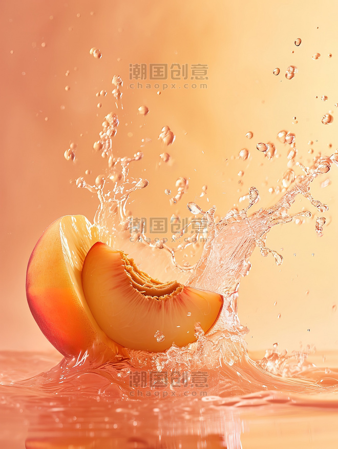 橙色黄色生鲜创意水果桃子水花飞溅背景图