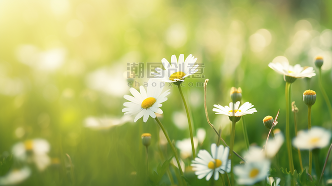 创意春天阳关下草坪上小白花盛开草坪花园清新的背景21