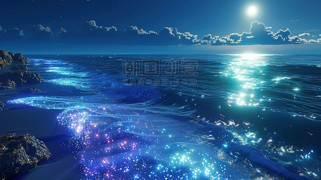 创意海洋大海旅游夜景海边蓝眼泪水母发光背景图