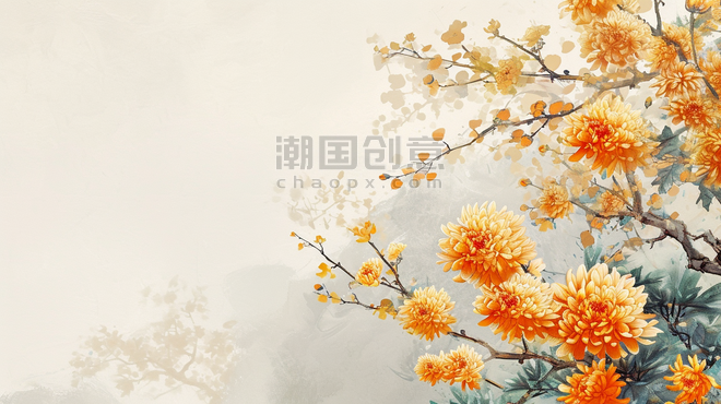 创意简约中国风植物菊花清新唯美树枝花朵开放的插画19