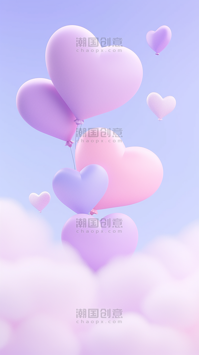 创意云层中浪漫甜蜜爱心气球紫色温馨插画