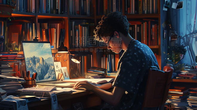 创意夜晚灯光下书房里用电脑的男孩画画看书阅读插画3