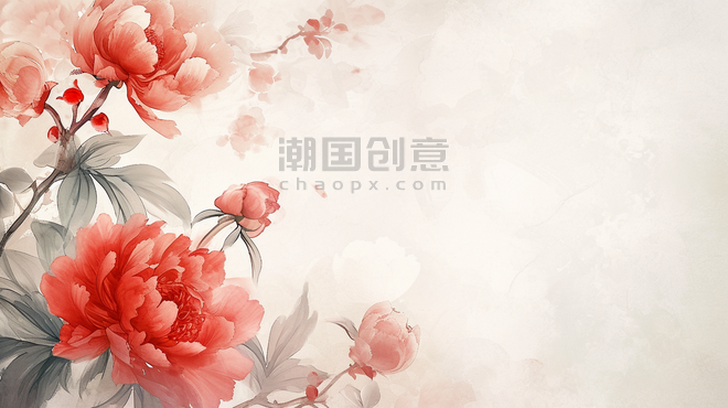 创意简约清新唯美中国风植物牡丹树枝花朵开放的插画25