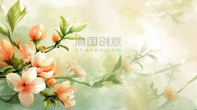 创意简约中国风植物清新唯美树枝花朵开放的插画5
