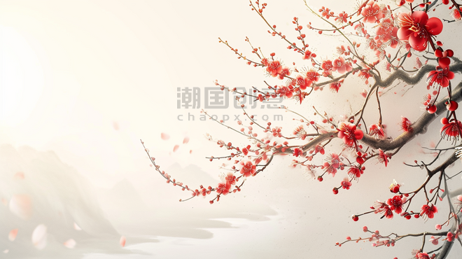 创意简约清新唯美树枝花朵开放的中国风植物红梅插画18