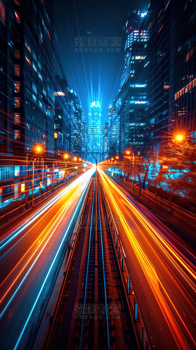 创意灯光汽车车流量城市公路夜间快速运动