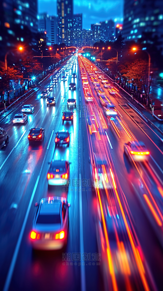 光束光线行驶城市车灯灯光汽车夜间快速运动车流量