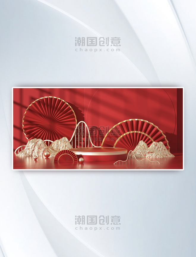 中国风红色光影新年电商展台c4d背景素材