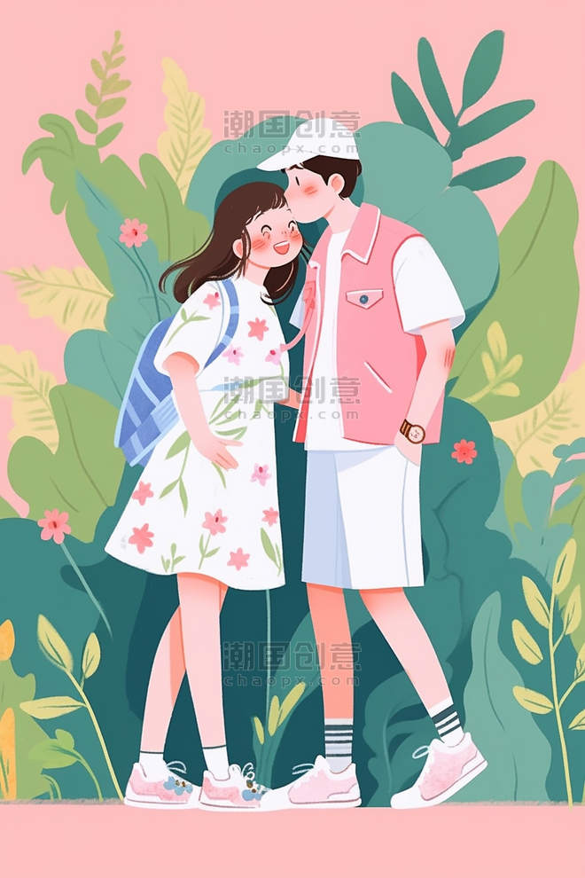 创意情人节扁平情侣花草植物插画卡通浪漫约会手绘