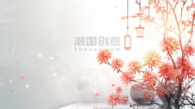 创意简约清新唯美树枝花朵开放的中国风植物菊花插画13