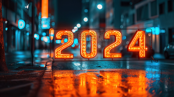 创意2024年数字商务背景霓虹灯赛博朋克新年