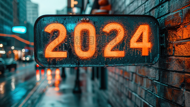 创意新年霓虹灯2024年数字商务背景