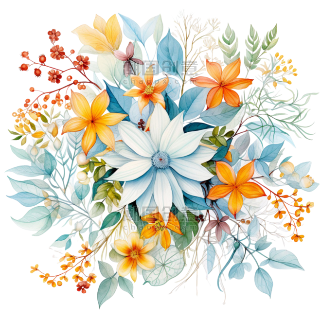 创意艺术彩色春天春季花朵花束植物花团元素免抠图案