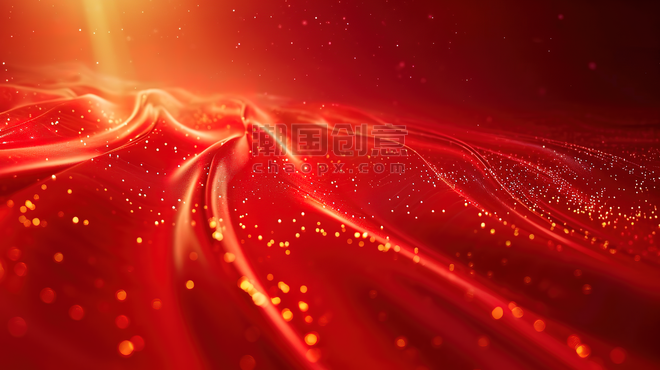 创意丝滑的线条延伸红色红金色粒子抽象年会背景素材