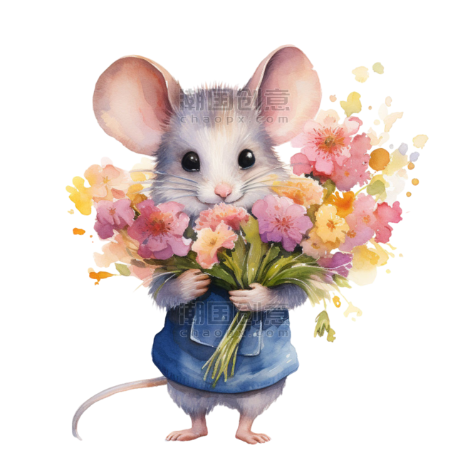 创意艺术花朵和老鼠水彩拟人可爱卡通春天元素免抠图案