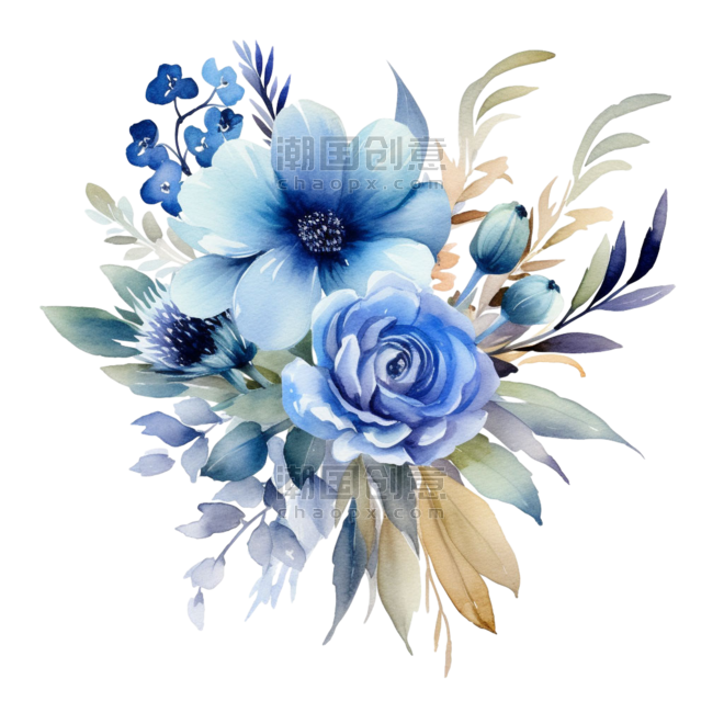 春天水彩植物花朵创意质感蓝色花束元素免抠图案