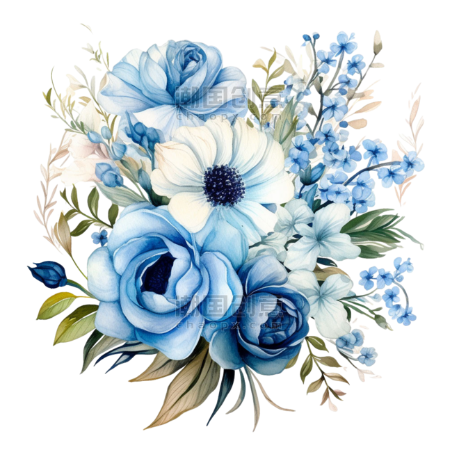 创意水彩蓝色花朵春天数字艺术蓝色花束元素免抠图案