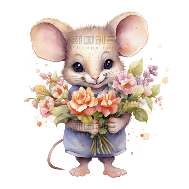创意简单花朵和老鼠拟人卡通送花元素免抠图案