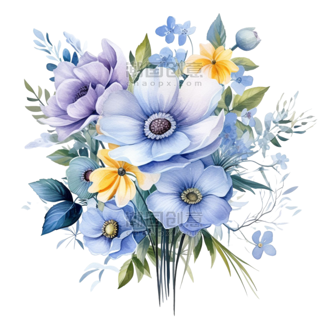 创意真实蓝色花束水彩蓝色春天花朵元素免抠图案