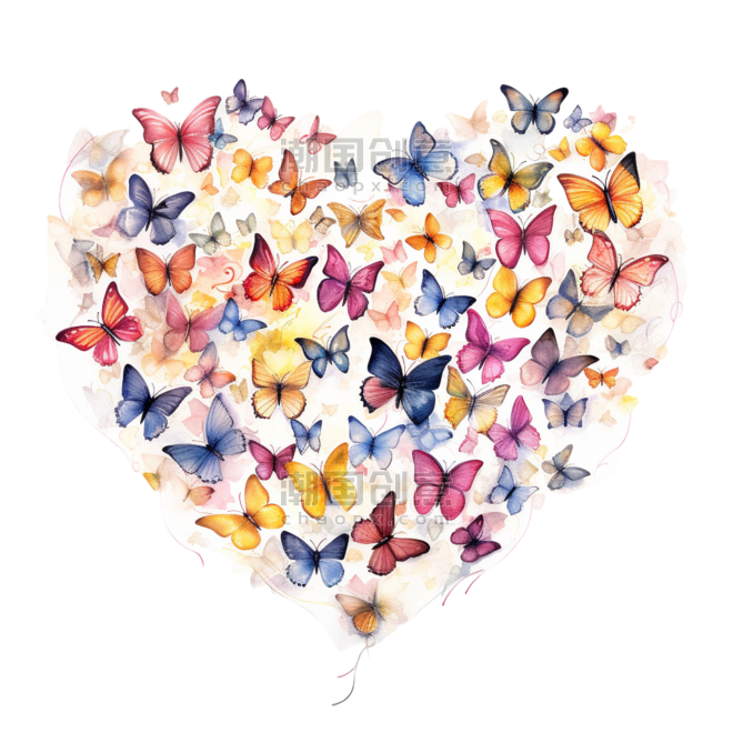 创意装饰水彩情人节爱心蝴蝶元素免抠图案