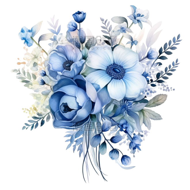 创意水彩蓝色春天花朵纹理蓝色花束元素免抠图案