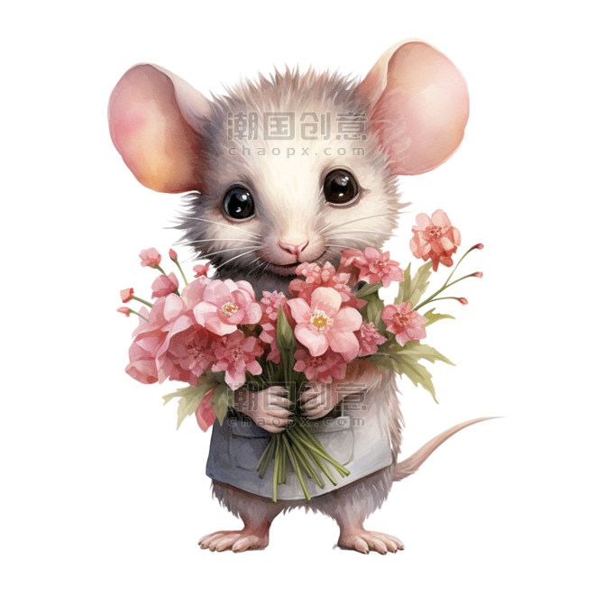 创意拟人卡通送花绘画花朵和老鼠元素免抠图案