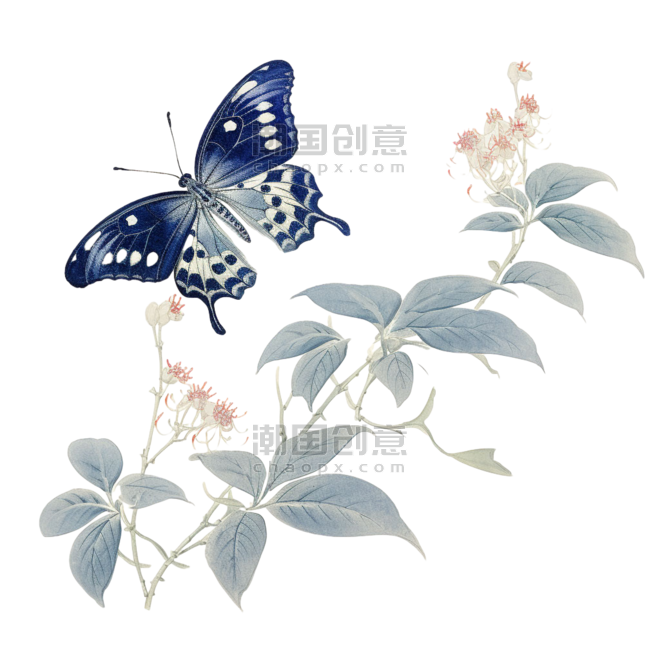 创意水彩中国风水墨昆虫花鸟美丽蝴蝶元素免抠图案