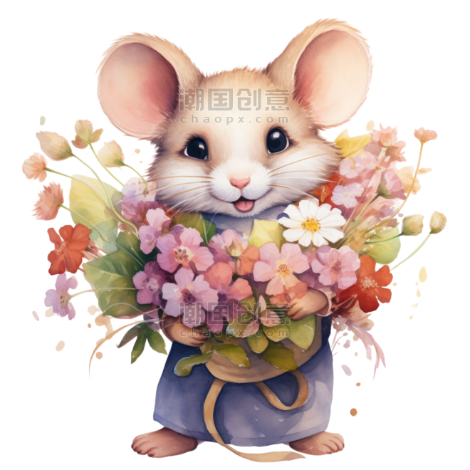 创意AICG水彩拟人可爱卡通春天花朵和老鼠元素免抠图案