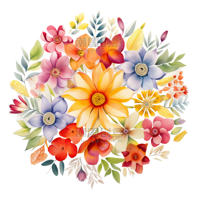 创意创意春天春季花朵花束植物彩色花团元素免抠图案