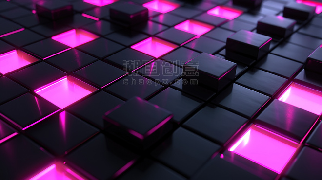创意粉色抽象几何方块背景黑色金属镶嵌粉红色科技发光图片