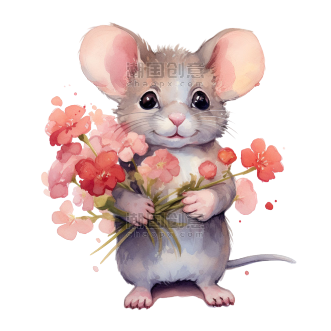 创意水彩拟人可爱卡通花朵和老鼠元素免抠图案